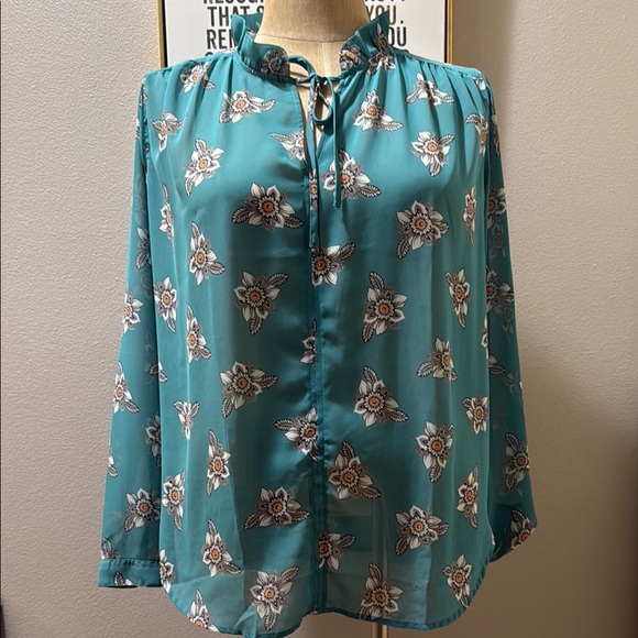 LOFT Turquoise Flowy Floral Print Blouse (L) - Picture 1 of 9